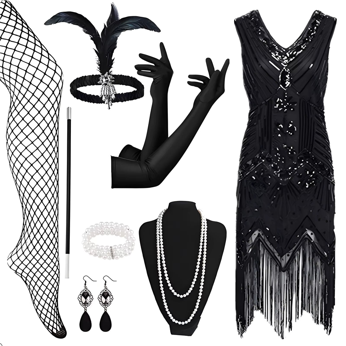 Robe Rétro Année 20 Noire (Avec Accessoires)