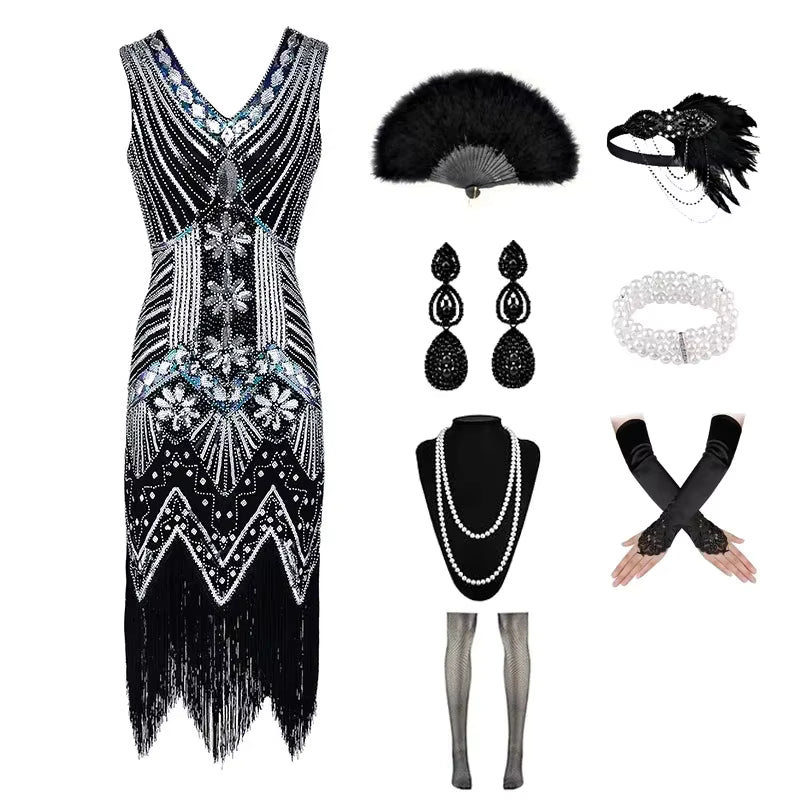 Robe Rétro Année 20 Argent (Avec Accessoires)