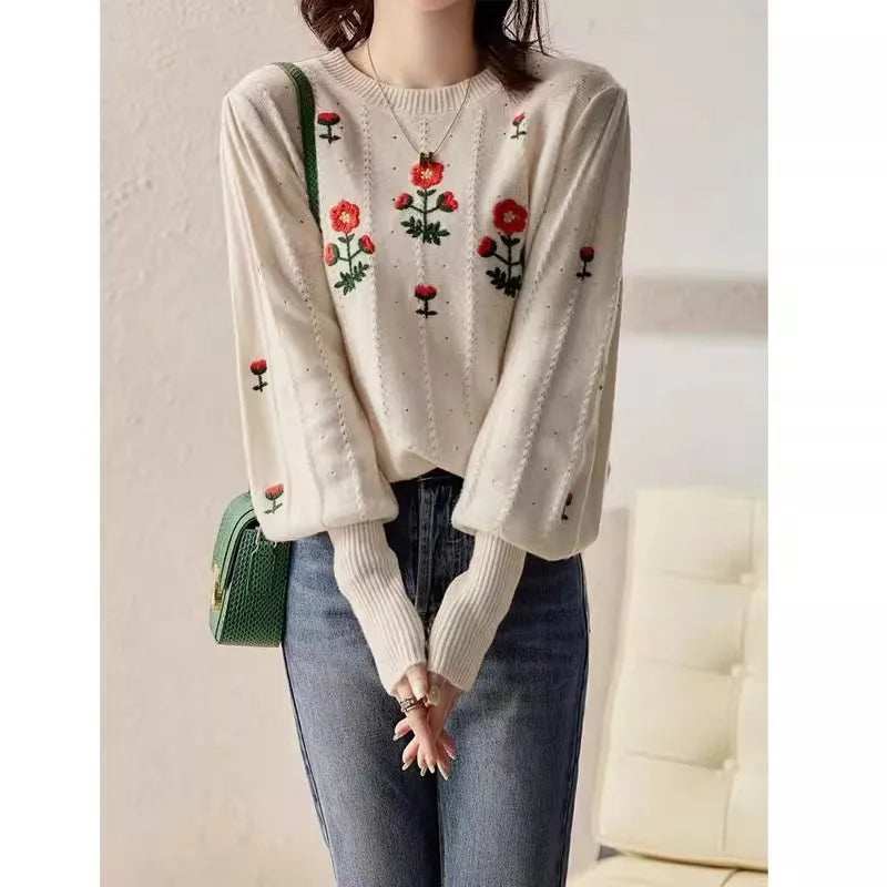 Pull Tricot Fleurs Vintage