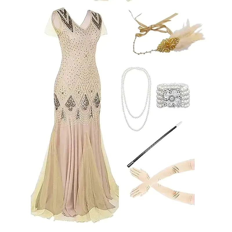 Robe Longue Style Année 20 Beige (Avec Accessoires)