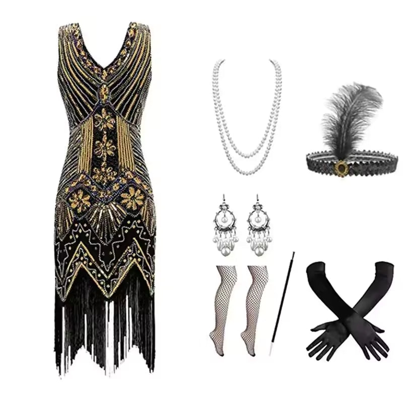 Robe Rétro Année 20 Or (Avec Accessoires)