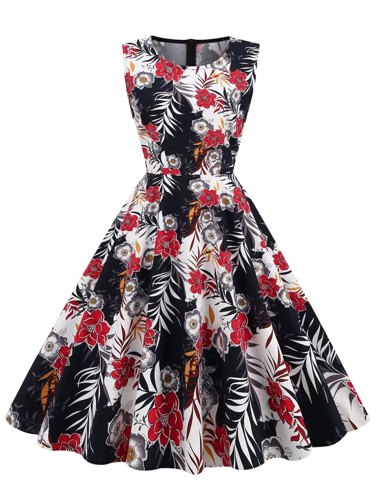 Robe Années 40 Taille Haute Noire Fleurs