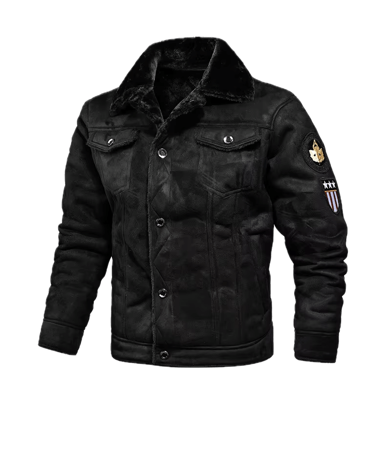 Blouson Aviateur Homme Américain Noir Fourrure - Louise Vintage