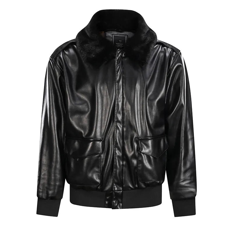 Blouson Aviateur Homme Américain Noir Fourrure - Louise Vintage