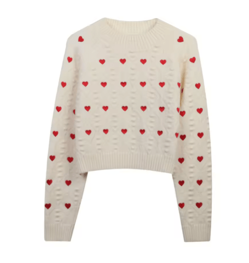 Pull Manches Longues Coeurs Rose - Louise Vintage