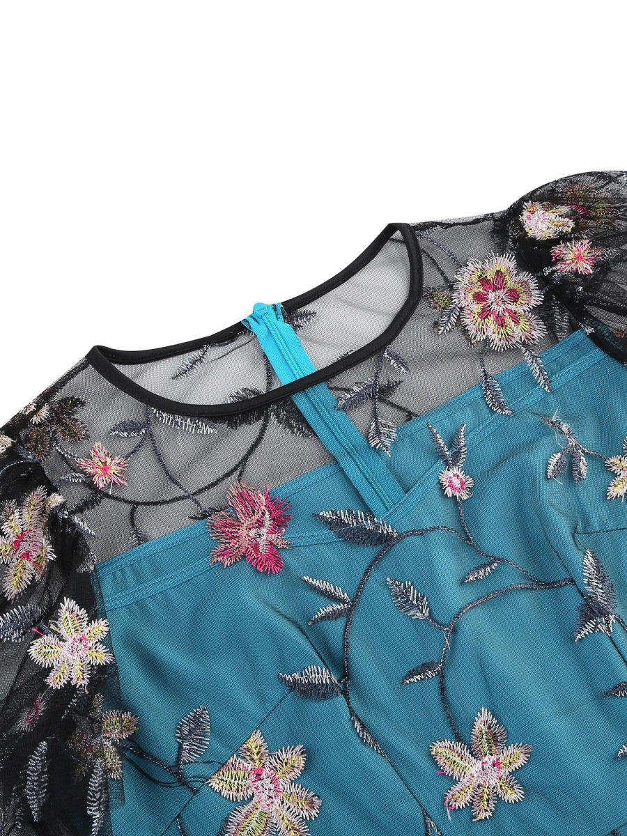 Robe Année 50 Bleu Ciel Fleurie - Louise Vintage