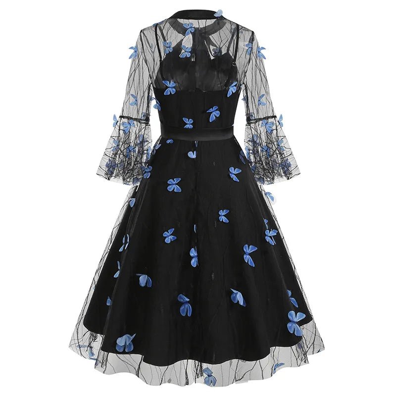 Robe Année 50 Pin Up pas Cher Papillons Bleus - Louise Vintage