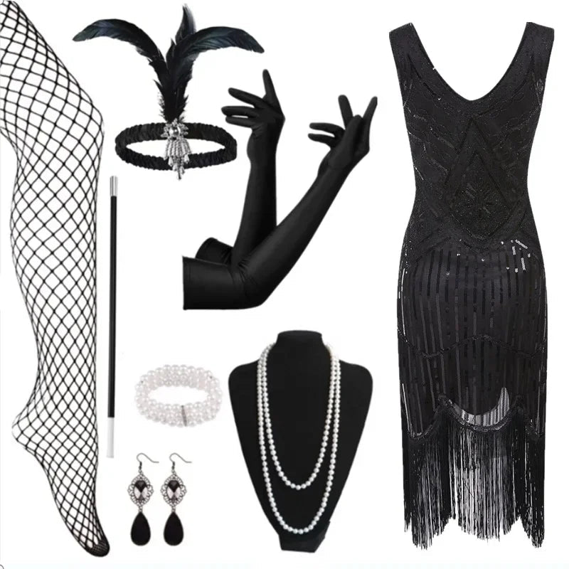Robe Années 20 Femme Noire (Avec Accessoires) - Louise Vintage