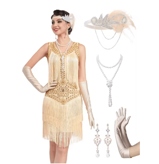 Robe Style Charleston Année 20 Beige (Avec Accéssoires) - Louise Vintage