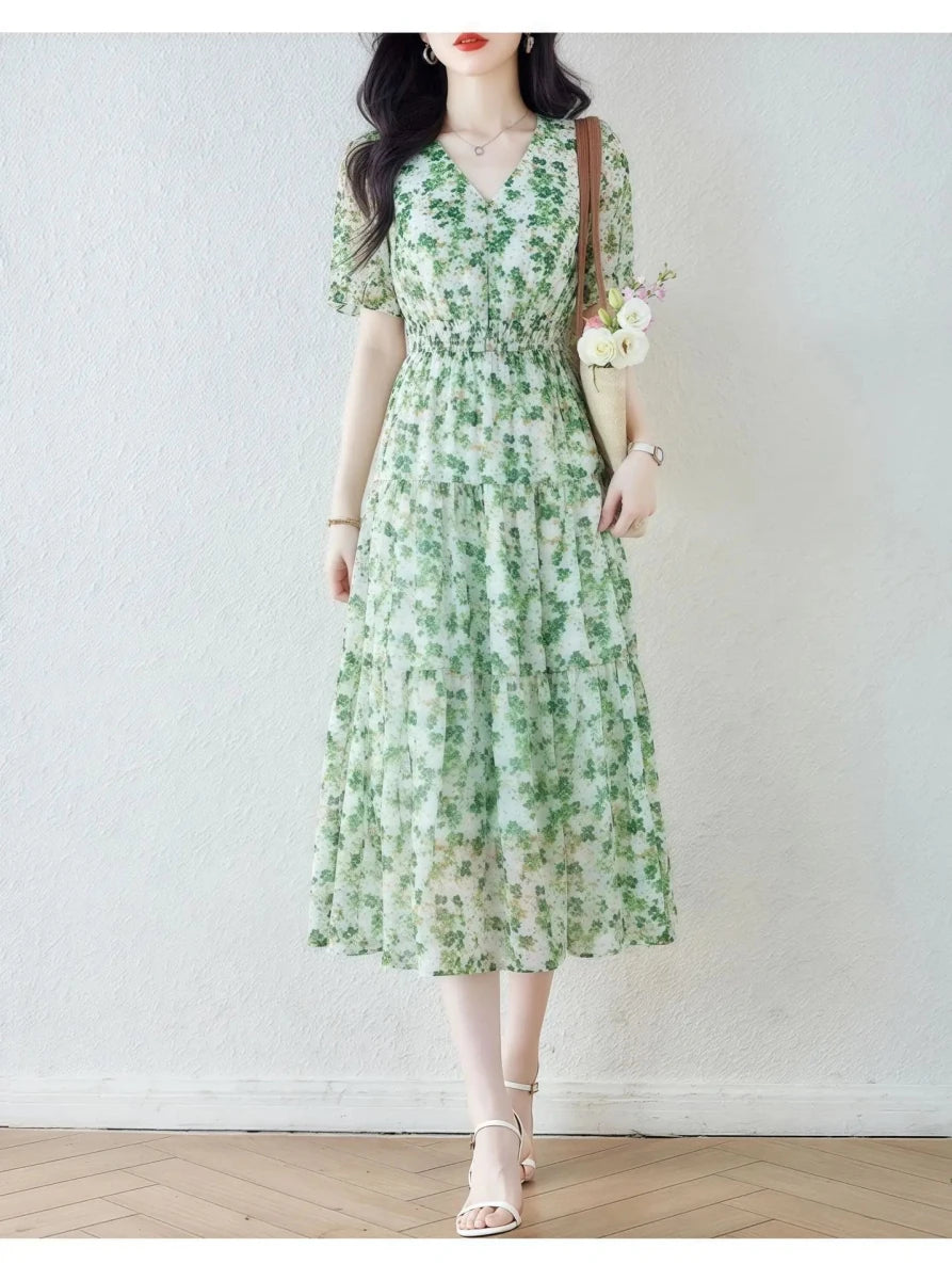 Vintage Robe Fleurie Année 40 Vert - Louise Vintage