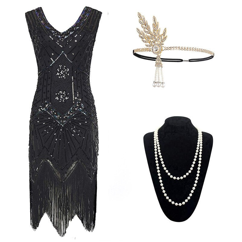 Robe Année 20 Gatsby Black (Avec Accessoires)