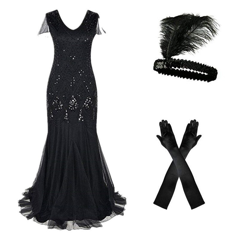 Robe Longue Année 20 Gatsby Noire (Avec Accessoires)