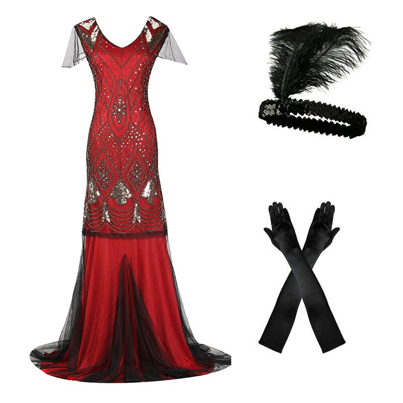 Robe Longue Année 20 Gatsby Rouge (Avec Accessoires)