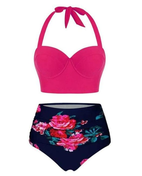 Bikini Taille Haute Vintage Rouge fleurs - Louise Vintage