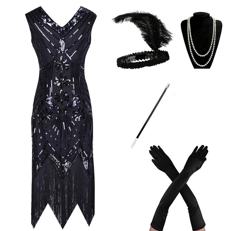 Charleston Robe Année 20 Noire (Avec Accéssoires) - Louise Vintage
