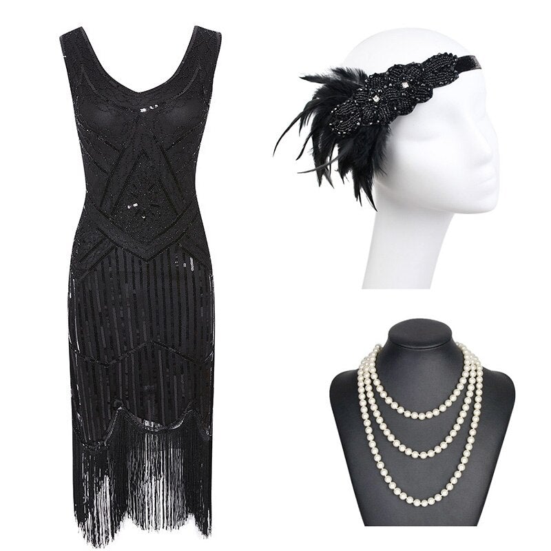 Robe à Franges Années 20 Noire (Avec Accéssoires) - Louise Vintage