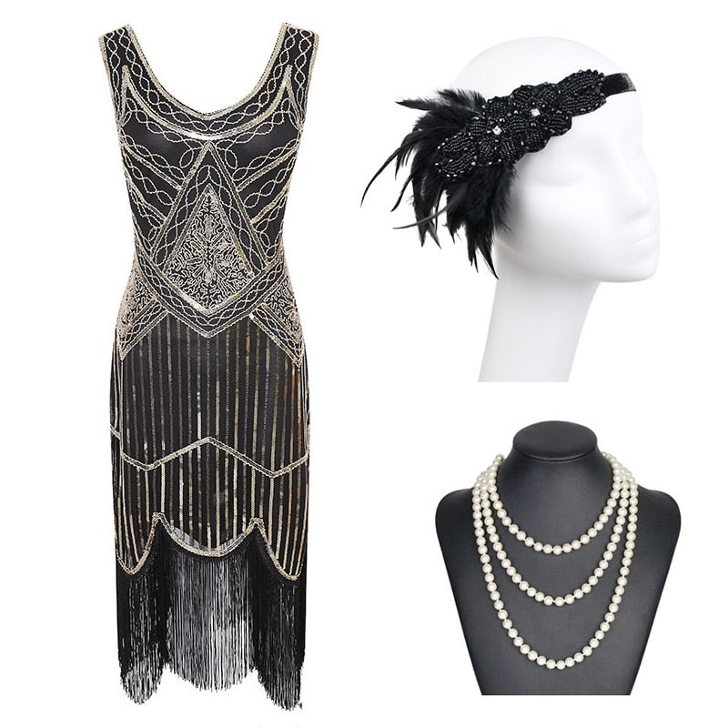 Robe à Franges Années 20 Or (Avec Accéssoires) - Louise Vintage
