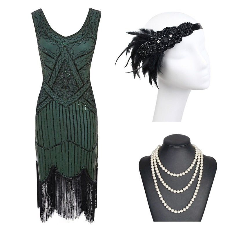 Robe à Franges Années 20 Vert (Avec Accéssoires) - Louise Vintage