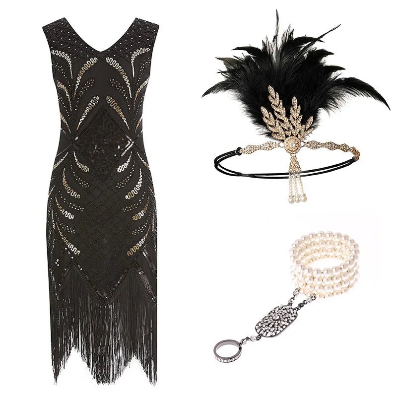 Robe Année 20 Chic Noire (Avec accessoires) - Louise Vintage