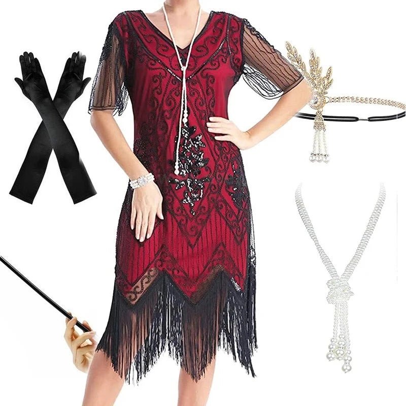 Robe Année 20 Grande Taille Rouge et Noire (Avec Accessoires) - Louise Vintage