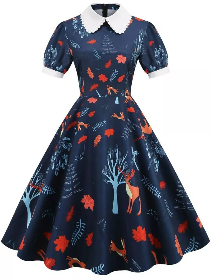 Robe Année 50 Bleu Marine Florale - Louise Vintage