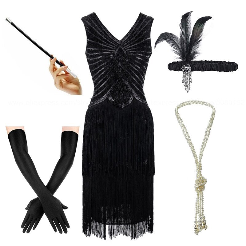 Robe Années 20 Femme Noire (Avec Accéssoires) - Louise Vintage