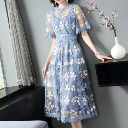 Robe Bleue Fleurs Vintage - Louise Vintage