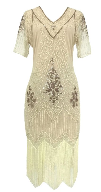 Robe Charleston Année 20 Beige (Avec Accessoires) - Louise Vintage