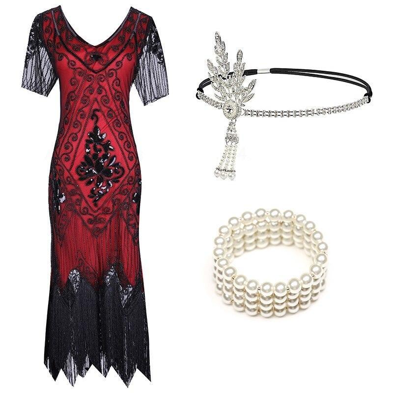 Robe Charleston Année 20 Rouge et Noire ( Avec Accéssoires) - Louise Vintage