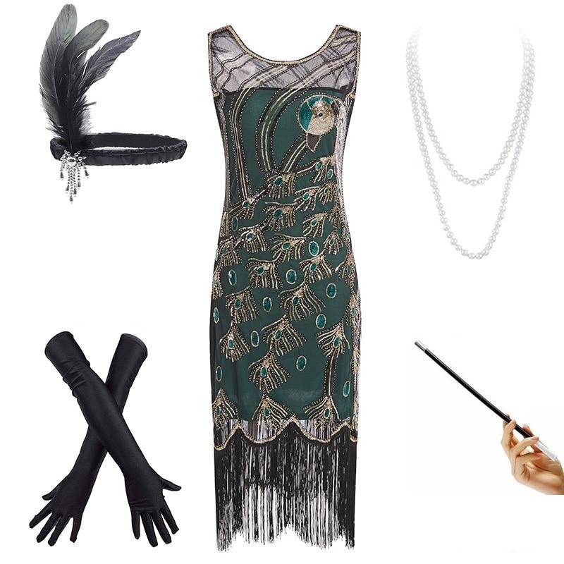 Robe de Cocktail Année 20 Verte (Avec Accéssoires) - Louise Vintage