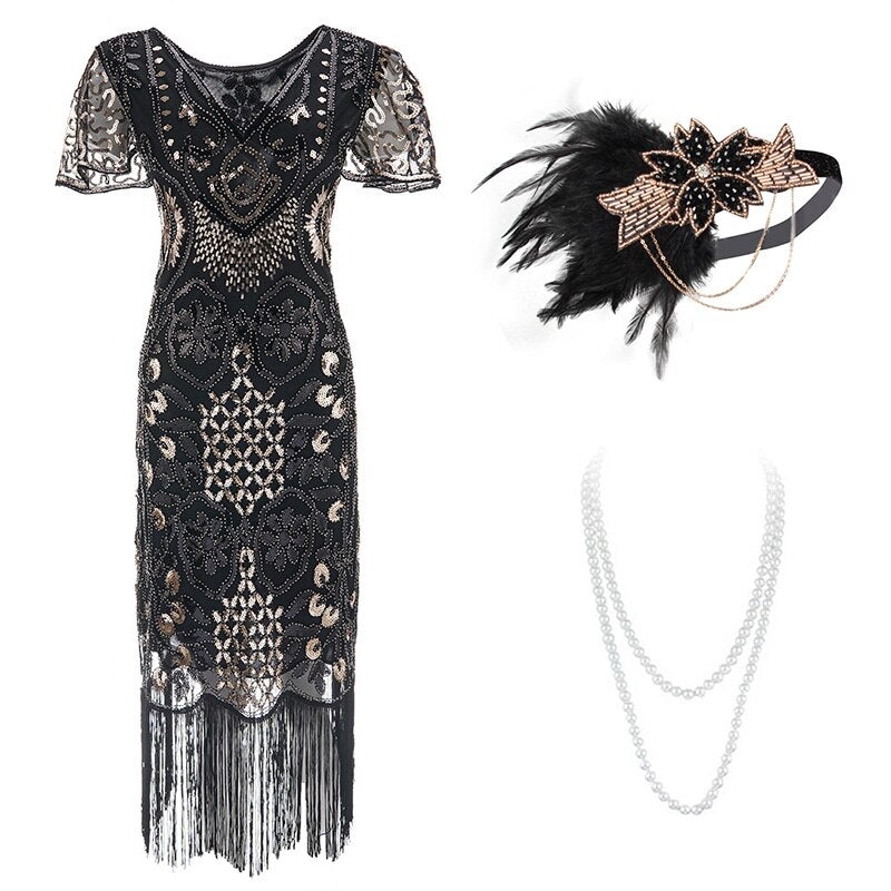 Robe Dorée Soirée Thème Années 20 (Avec Accéssoires) - Louise Vintage