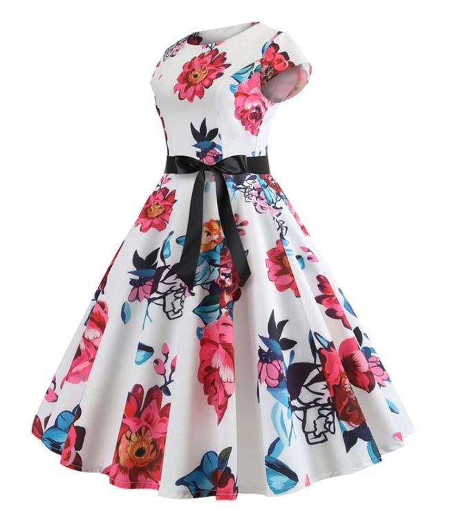 Robe Evasée Vintage Blanche et Rose - Louise Vintage