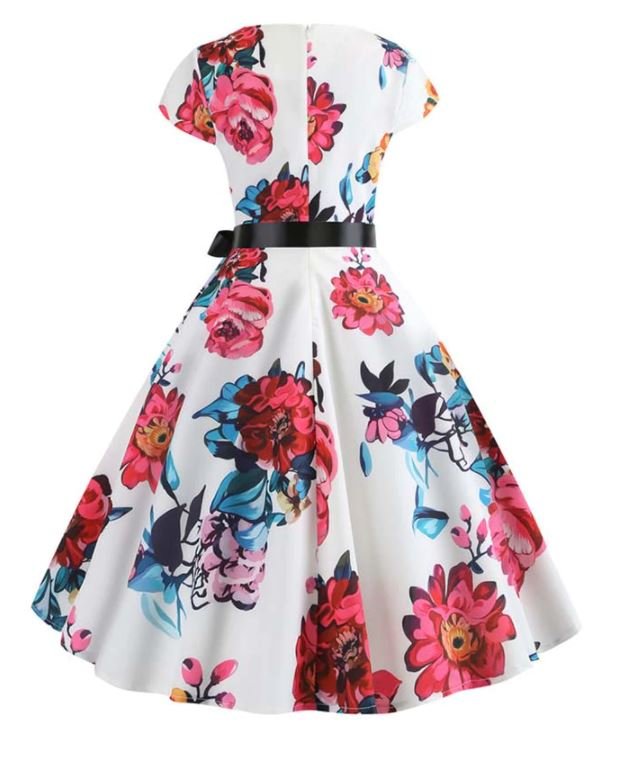 Robe Evasée Vintage Blanche et Rose - Louise Vintage