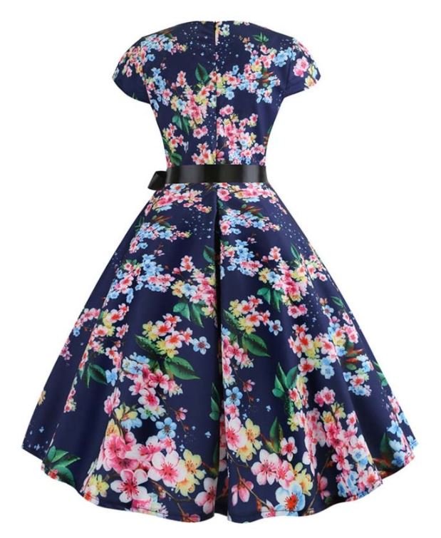 Robe Evasée Vintage Bleue Petites Feuilles - Louise Vintage