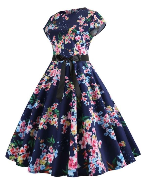 Robe Evasée Vintage Bleue Petites Feuilles - Louise Vintage