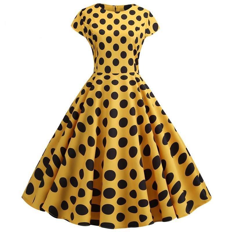 Robe Evasée Vintage Jaune Pois Noirs - Louise Vintage