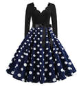 Robe Rétro Femme Mi-longue à Pois - Dos Nu, Manches Longues - Couleur Bleu Clair à Pois Blancs - 8