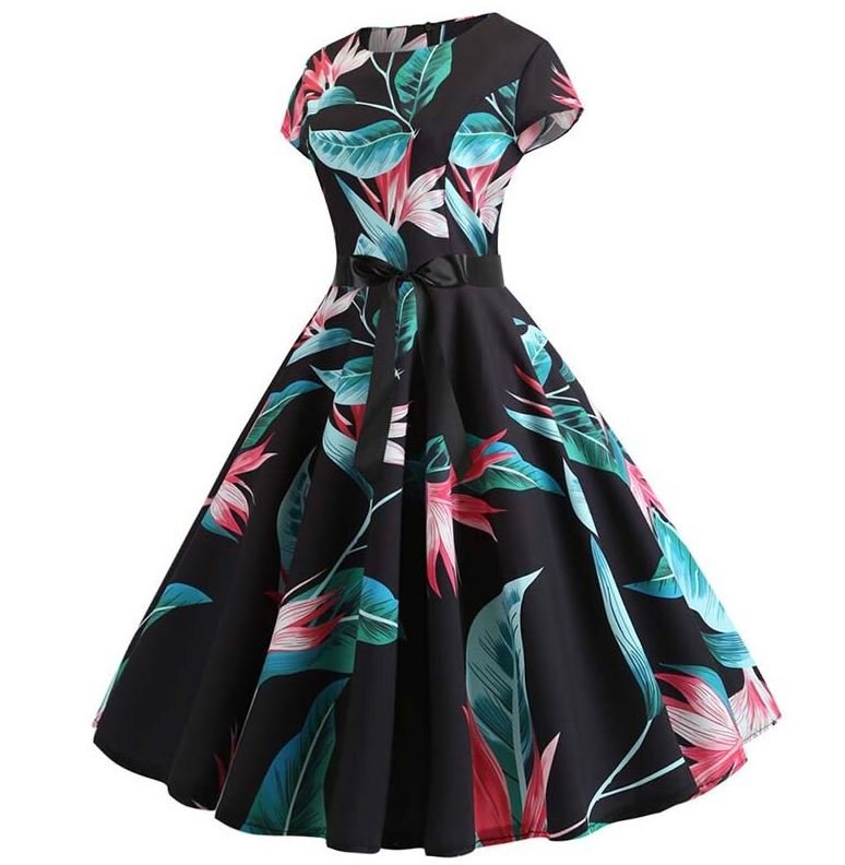 Robe Evasée Vintage Noire Fines Fleurs - Louise Vintage