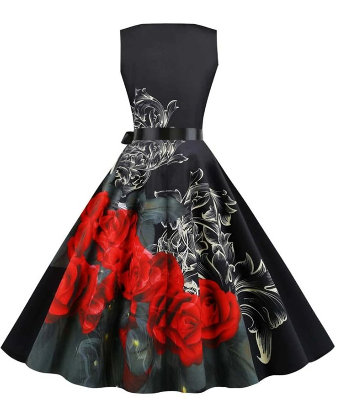 Robe Evasée Vintage Noire Fleurie - Louise Vintage