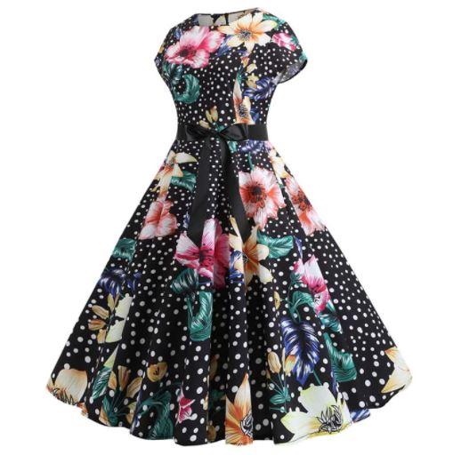 Robe Evasée Vintage Noire Pois Fleurie - Louise Vintage