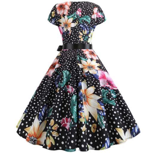 Robe Evasée Vintage Noire Pois Fleurie - Louise Vintage