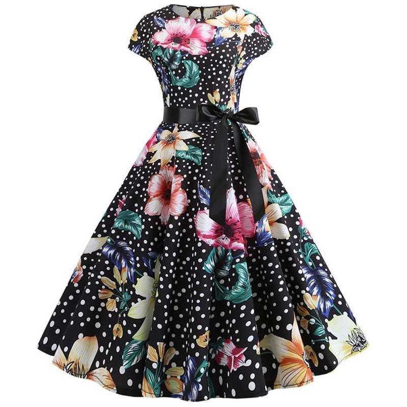 Robe Evasée Vintage Noire Pois Fleurie - Louise Vintage