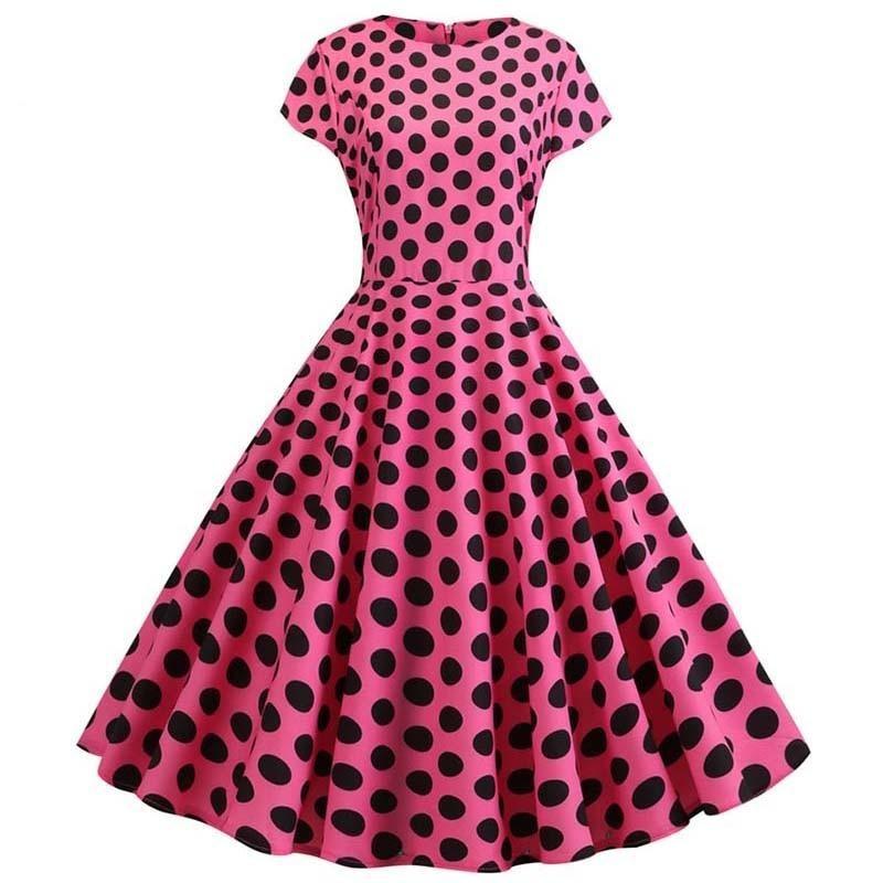 Robe Evasée Vintage Rose Pois Noirs - Louise Vintage