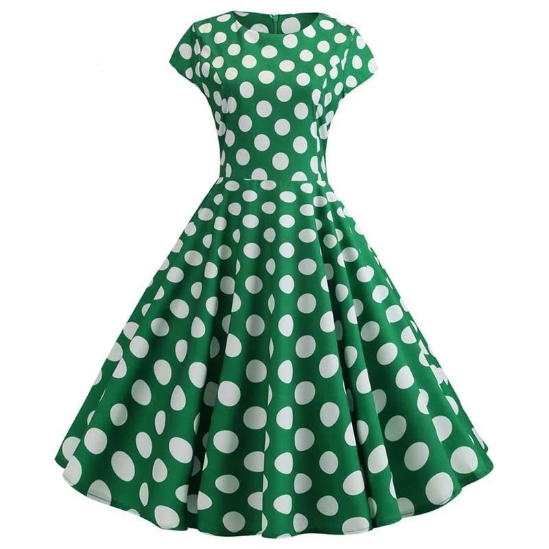 Robe Evasée Vintage Verte Pois Blancs