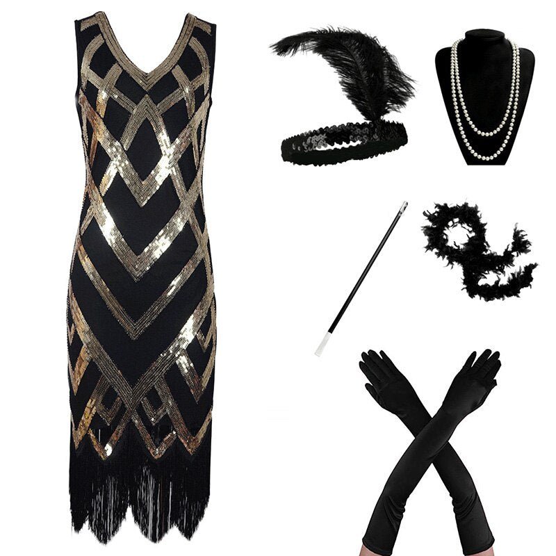 Robe Inspiration Année 20 Noire et Or (Avec Accéssoires) - Louise Vintage