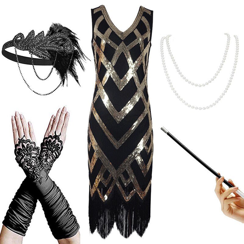 Robe Inspiration Année 20 Noire Or (Avec Accéssoires) - Louise Vintage