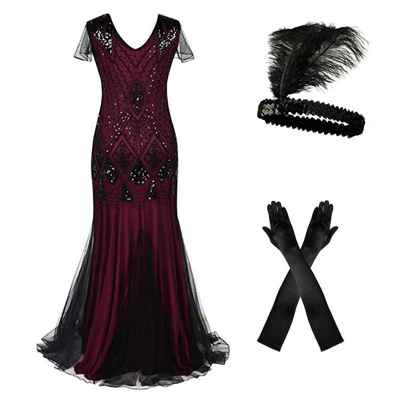 Robe Longue Année 20 Gatsby Bordeaux (Avec Accéssoires) - Louise Vintage