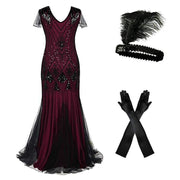 Robe Longue Année 20 Gatsby Bordeaux (Avec Accessoires)