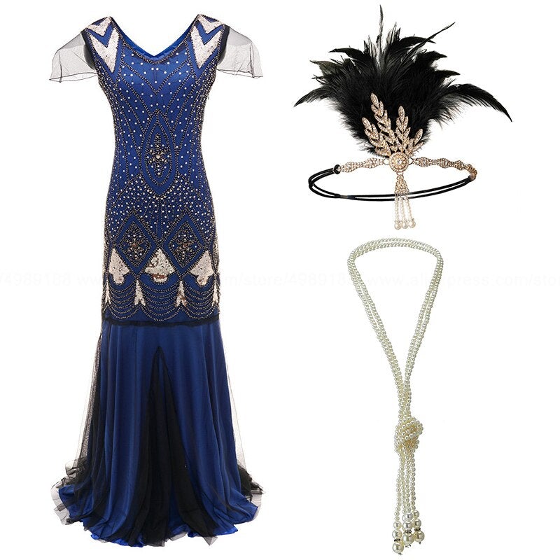 Robe Longue Style Année 20 Bleu (Avec Accéssoires) - Louise Vintage