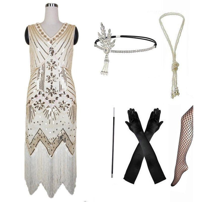 Robe Rétro Année 20 Beige (Avec Accéssoires) - Louise Vintage